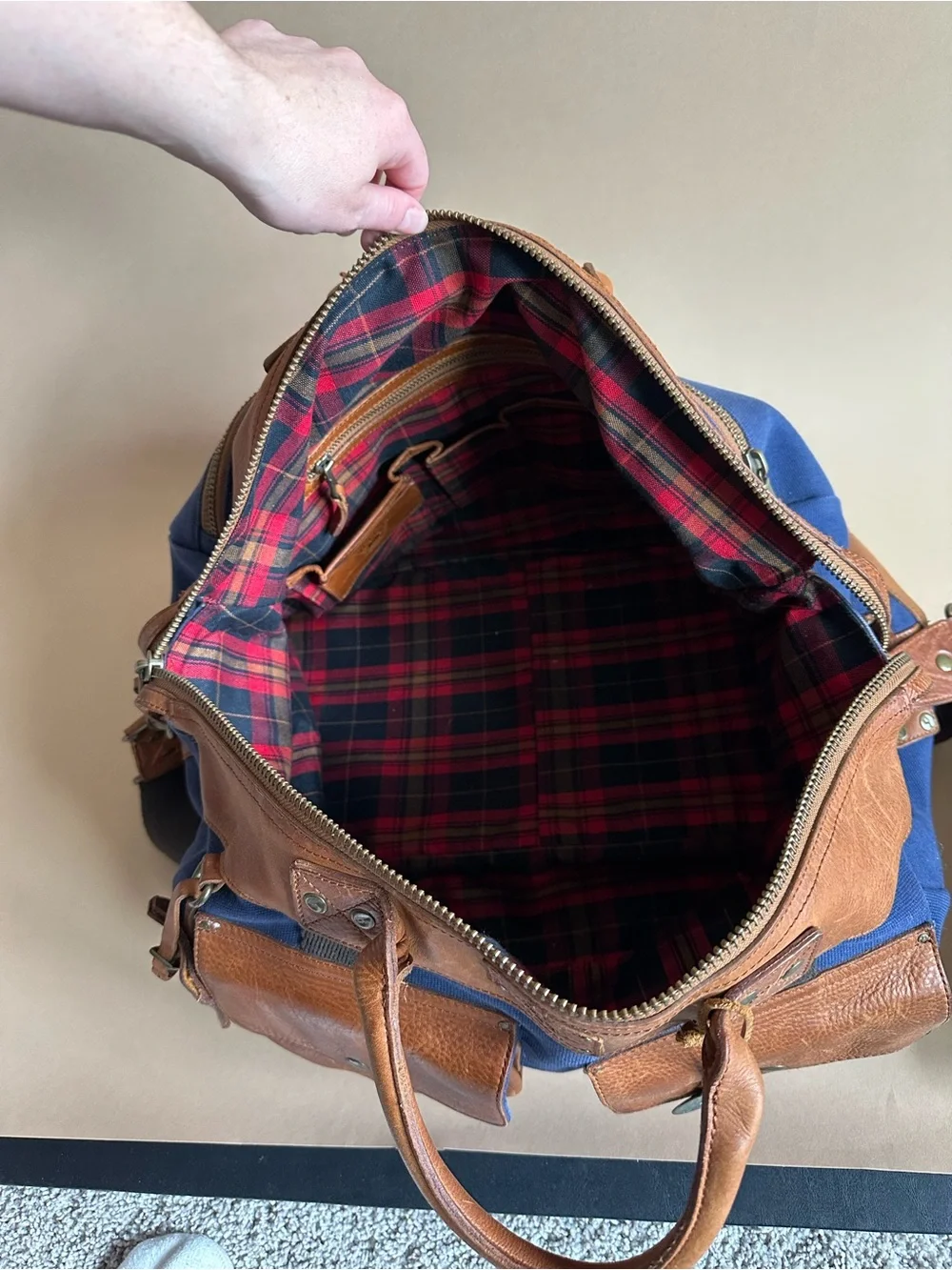Will Leather Goods Blue Canvas Leather Duffel Bag Shoulder Strap Travel